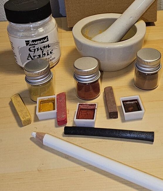 Supplies used while I experimented with making my own watercolor paints.